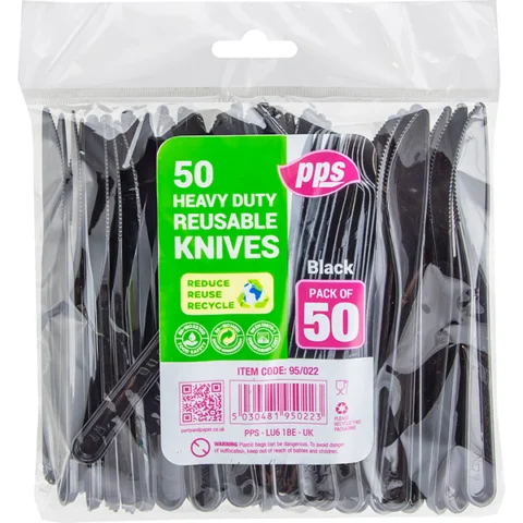 PPS Heavy Duty Reusable Black Plastic Knives 50 Pack