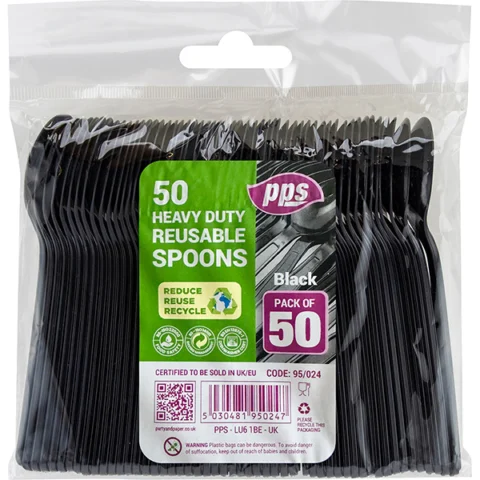 PPS Heavy Duty Reusable Black Plastic Spoons 50 Pack