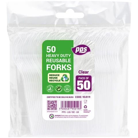 PPS Heavy Duty Reusable Clear Plastic Forks 50 Pack