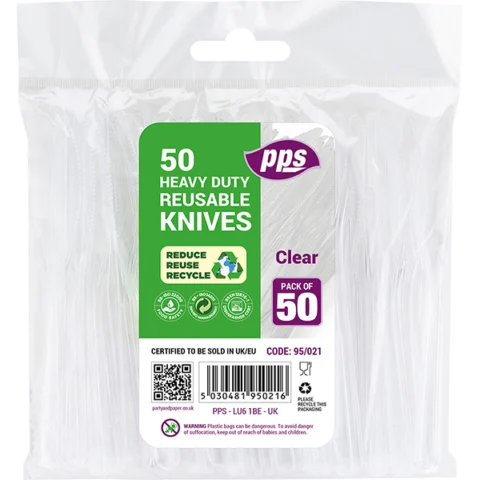 PPS Heavy Duty Reusable Clear Plastic Knives 50 Pack