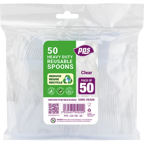 PPS Heavy Duty Reusable Clear Plastic Spoons 50 Pack
