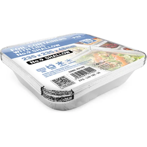 PPS Shallow Foil Food Containers with Lids 10 Pack 23.5cm X 23.5cm X 4.8cm