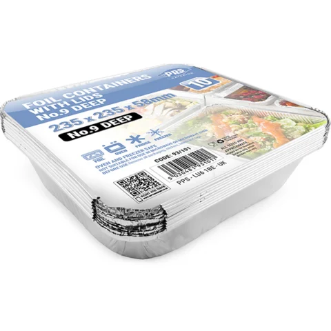 PPS Square Deep Foil Food Containers with Lids 23.5cm X 23.5cm X 5.8cm