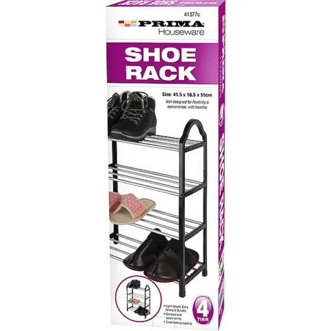 Prima 4 Tier Black Shoe Rack 41.5 X 18.5 X 55cm