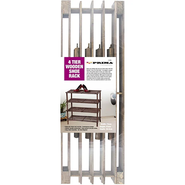 Prima 4 Tier Dark Oak Wooden Shoe Rack 74cm X 57cm X 26.5cm
