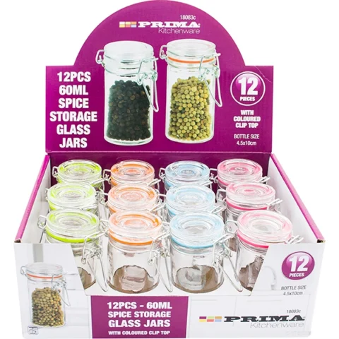 Prima 60ml Spice Storage Glass Jars Assorted 12pc