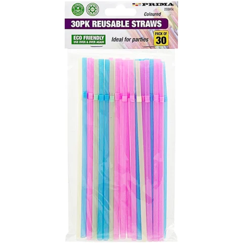 Prima Assorted Colour Neon Reusable Flexible Straws 30 Pack