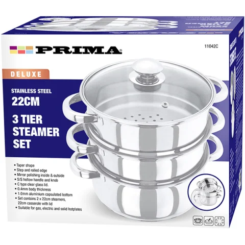 Prima Deluxe Stainless Steel 3-Tier Steamer Set 22cm