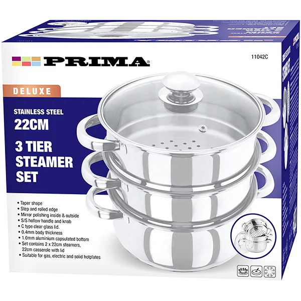 Prima Deluxe Stainless Steel 3-Tier Steamer Set 22cm