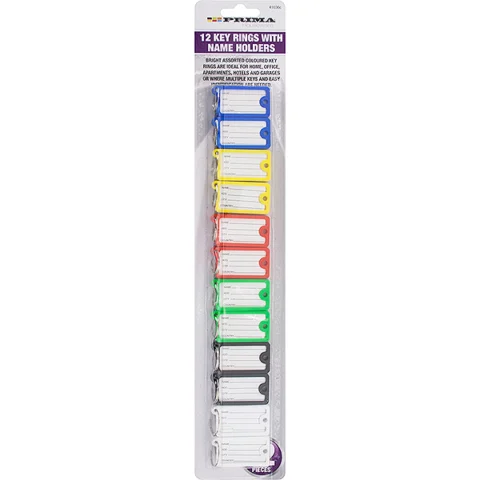 Prima Key Rings With Name Holders Assorted Colours 12pc