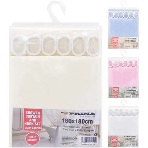 Prima Satin Shower Curtain & Hook Set 180cm X 180cm Assorted Colours