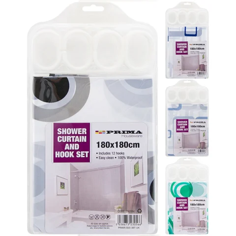 Prima Shower Curtain And Hook Set 180 X 180cm Assorted