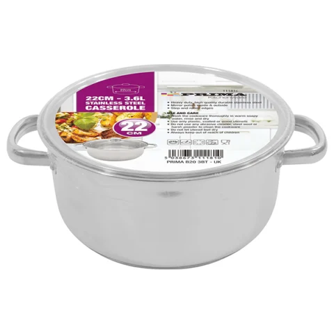 Prima Stainless Steel 22cm Casserole Dish 3.6l