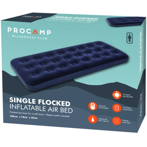 Procamp Single Flocked Inflatable Air Bed 185cm X 76cm X 22cm