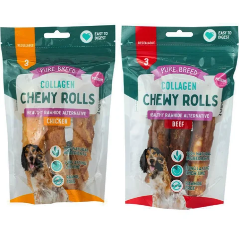 Pure Breed Collagen Chewy Rolls Dog Treats 3 Pack Assorted