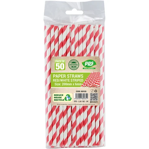 Red & White Striped Biodegradable Paper Straws 50 Pack