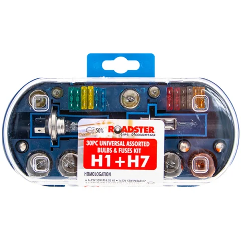 Roadster H1 + H7 Universal Assorted Car Bulbs & Fuses Kit 30pc