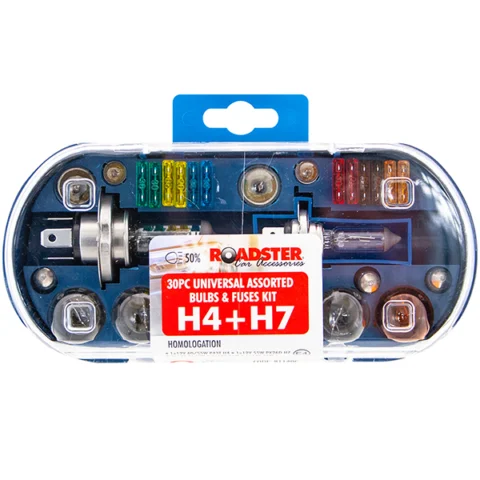 Roadster H4 + H7 Universal Car Light Bulbs & Fuses Kit 30pc