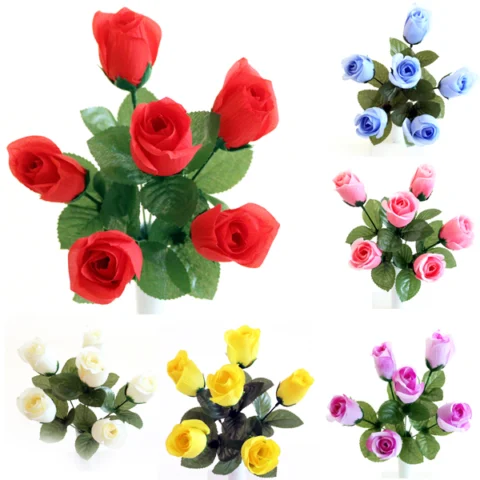 Rose Bud Bush Artificial Flower Stems 6pc Assorted Colours