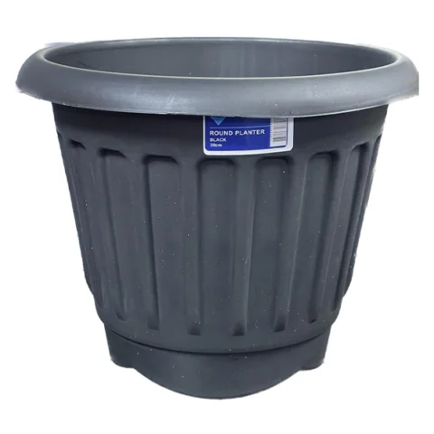 Round Ribbed Plastic Planter Black 30cm
