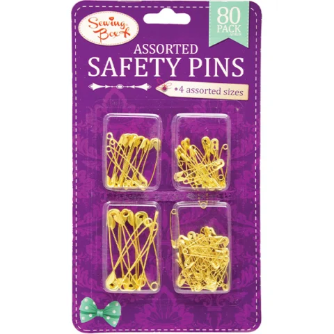 Sewing Box Gold Safety Pins Assorted Sizes 80pc