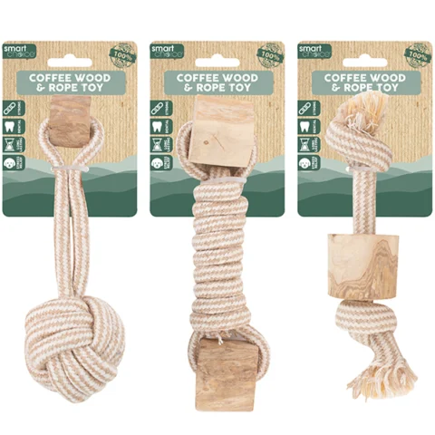 Smart Choice 100% Natural Coffee Wood & Hemp Rope Dog Toy 21cm Assorted