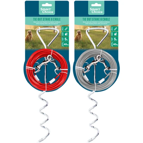 Smart Choice 40kg Tie Out Dog Stake & Cable 5m Assorted Colours