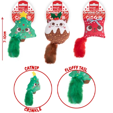 Smart Choice Christmas Catnip Fluffy Tail Cat Toy 10cm Assorted