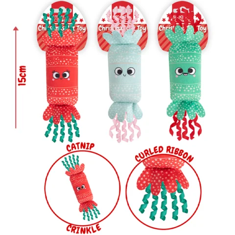 Smart Choice Christmas Cracker Catnip Crinkle Ribbon Cat Toy 15cm Assorted Colours