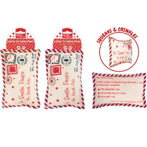 Smart Choice Christmas Crinkle Plush Letter To Santa Paws Dog Toy Assorted