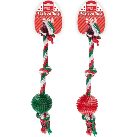 Smart Choice Christmas Rubber & Rope Ball Tug Dog Toy 52cm Assorted Colours