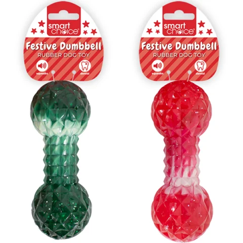 Smart Choice Christmas Sparkly Squeaky Rubber Festive Dumbbell Dog Toy Assorted Colours