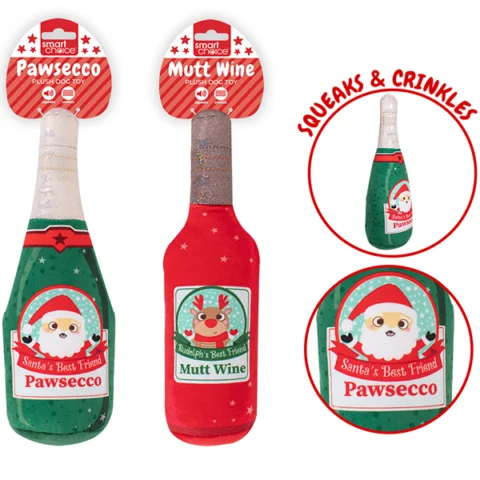 Smart Choice Christmas Squeaky Crinkle Festive Drink Dog Toy 28cm Assorted