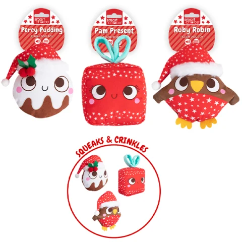 Smart Choice Christmas Squeaky Crinkle Festive Plush Dog Toy Assorted