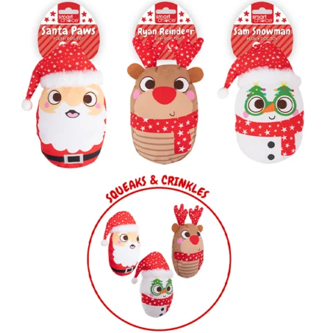 Smart Choice Christmas Squeaky Crinkle Plush Dog Toy 17cm Assorted