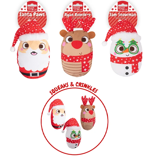Smart Choice Christmas Squeaky Crinkle Plush Dog Toy 17cm Assorted