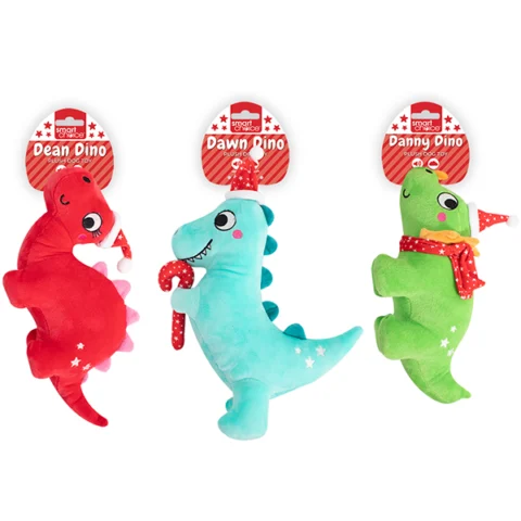 Smart Choice Christmas Squeaky Plush Dinosaur Dog Toy Assorted
