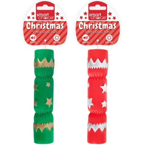 Smart Choice Christmas Squeaky Vinyl Cracker Dog Toy Assorted Colours