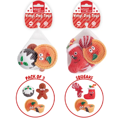Smart Choice Christmas Squeaky Vinyl Festive Dog Toys 3 Pack Assorted