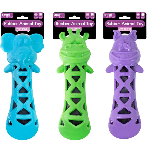 Smart Choice Crinkle Rubber Animal Baton Dog Toy 24cm Assorted Colours