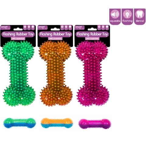 Smart Choice Flashing Squeaky Rubber Spiky Bone Dog Toy Assorted Colours
