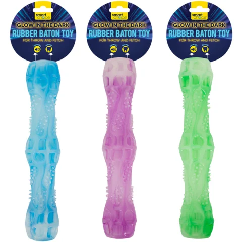 Smart Choice Glow In The Dark Rubber Baton Dog Toy 26cm Assorted Colours