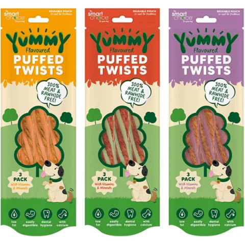 Smart Choice Meat-Free Yummy Puffed Twists Dog Treats 3 Pack 120g Assorted Flavours