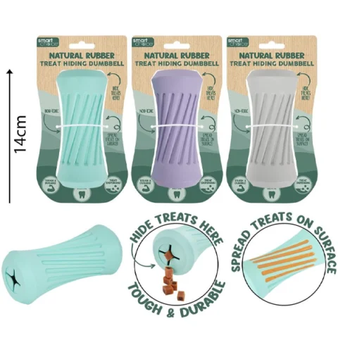 Smart Choice Natural Rubber Treat Hiding Dumbbell Dog Toy 14cm Assorted Colours