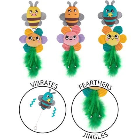 Smart Choice Plush Vibrating Feathers Jingling Bee & Flower Cat Toy 2 Pack Assorted Colours