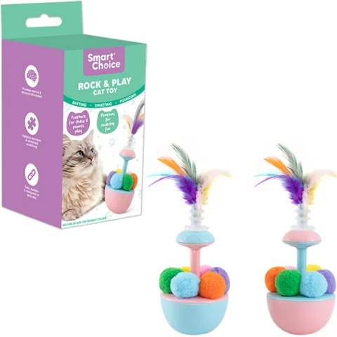 Smart Choice Rock & Play Interactive Pom Pom Tumbler Cat Toy 18cm Assorted Colours