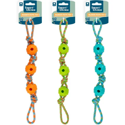 Smart Choice Rubber & Knotted Rope Pull Dog Toy 47cm Assorted Colours