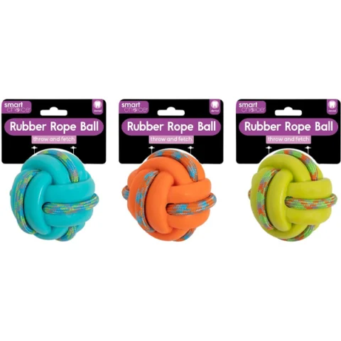 Smart Choice Rubber & Rope Ball Dog Toy 9.5cm Assorted Colours