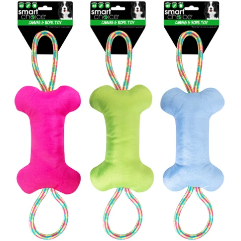 Smart Choice Squeaky Canvas Plush & Rope Bone Dog Toy 53cm Assorted Colours