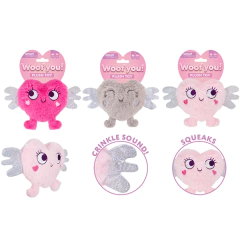 Smart Choice Squeaky Crinkle Plush Love Heart Dog Toy Assorted